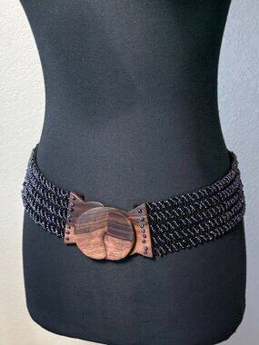 Vintage 90s Beaded Stretch Belt Wood Buckle Boho Waist Belt Black Statement